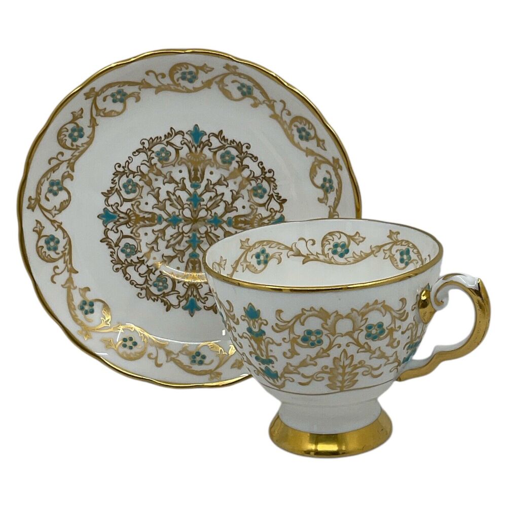 Tuscan‎ Louise Tea Cup Saucer English Bone China England Turqouise Gold Gilt